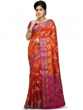 Orange And Pink Woven Silk Saree