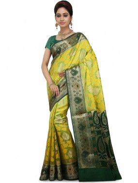 Yellow And Green Woven Silk Saree