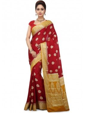 Maroon And Yellow Woven Saree In Silk