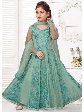 Green Readymade Embroidered Kids Anarkali Suit