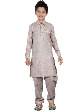 Readymade Coffee Grey Kids Linen Pathani Suit