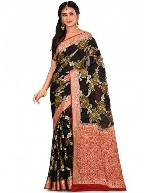 Black And Red Woven Pure Silk Saree