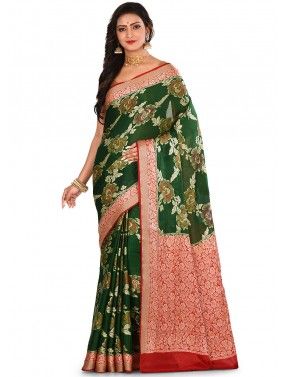 Green And Red Woven Pure Silk Saree