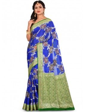 Blue And Green Woven Pure Silk Saree