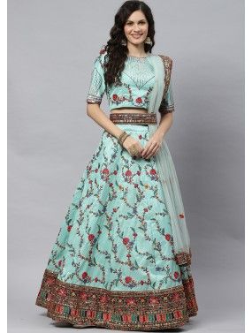 Turquoise Thread Embroidered Silk Lehenga Choli