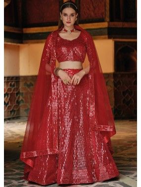 Red Net Lehenga Choli With Sequins Embroidery