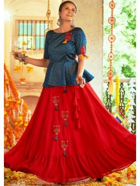 Red Embroidered Navratri Tiered Lehenga Set In Silk