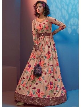 Peach Readymade Floral Gown In Crape