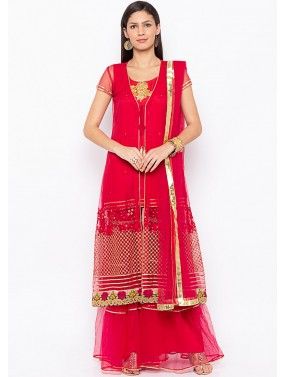 Readymade Red Embroidered Net Gharara Suit