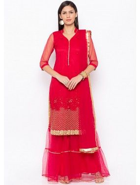 Readymade Red Embroidered Net Gharara Suit