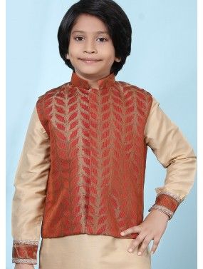 Orange Woven Readymade Nehru Jacket For Kids
