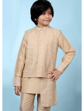 Readymade Asymmetric Beige Nehru Jacket In Silk