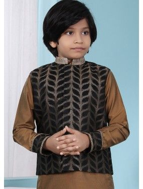 Black Woven Readymade Nehru Jacket In Silk