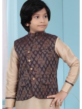 Silk Brown Readymade Woven Nehru Jacket