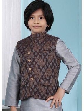 Readymade Brown Nehru Jacket With Woven Work