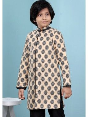 Printed Beige Readymade Sherwani Jacket In Silk