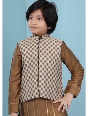 Beige Printed Readymade Nehru Jacket In Silk