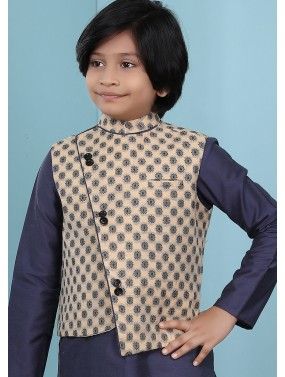 Angrakha Style Printed Readymade Nehru Jacket In Beige