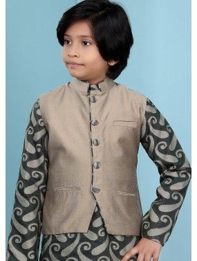 Brown Plain Readymade Nehru Jacket For Kids