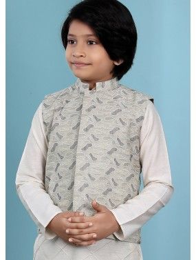 Grey Embroidered Readymade Nehru Jacket In Jacquard