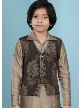 Readymade Brown Woven Nehru Jacket For Kids