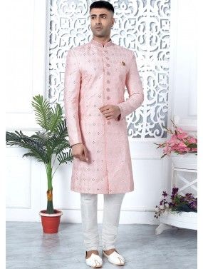 Readymade Mens Art Silk Embroidered Indowestern Sherwani In Light Pink