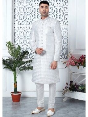 Readymade Art Silk Embroidered Mens Indowestern Sherwani In Off White