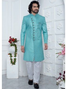 Readymade Art Silk Embroidered Mens Indowestern Sherwani In Turquoise