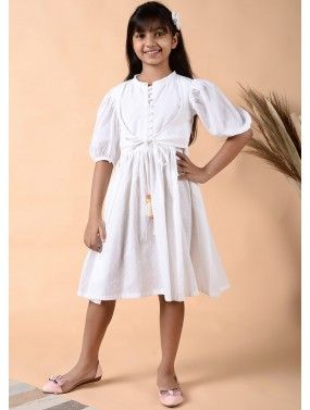 White Readymade Cotton Flared Dress For Kids