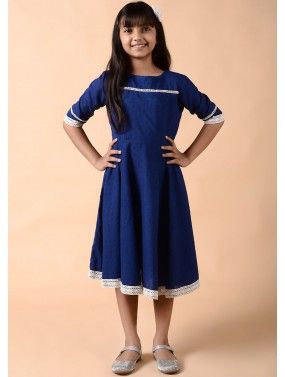 Readymade Blue Flared Kids Dress In Cotton
