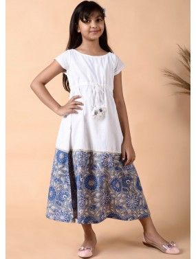 Readymade White Cotton Dress With Printed Border