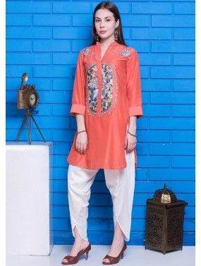 Readymade Orange Floral Embroidered Kurti With Pant