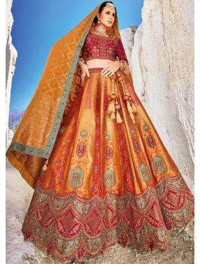 Orange Banarasi Silk Bridal Embroidered Lehenga Choli