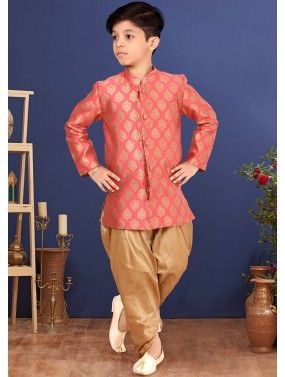 Readymade Red Woven Sherwani With Dhoti For Kids