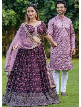 Purple Embroidered Couple Wear Readymade Set