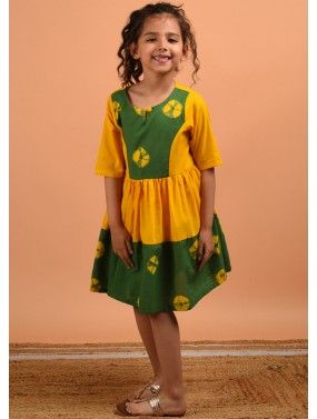 Readymade Yellow & Green Printed Dress For Kids