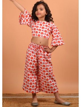 Readymade Kids White Printed Crop Top With Palazzo