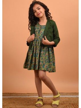 Readymade Green Kids Floral Printed Jacket Style Dress