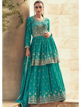 Readymade Embroidered Georgette Kurti Style Lehenga In Turquoise
