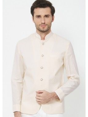 Readymade Linen Bandhgala Jodhpuri Jacket In Cream
