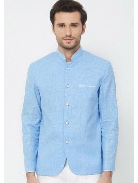 Sky Blue Readymade Linen Bandhgala Jodhpuri Jacket