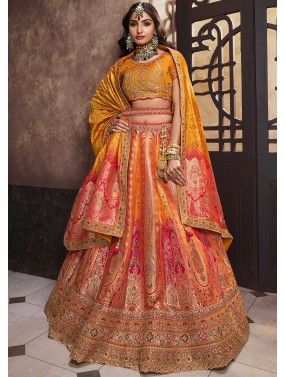 Shaded Yellow Zari Woven Bridal Lehenga Choli In Banarasi Silk