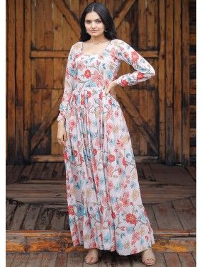 White Readymade Floral Printed Georgette Gown