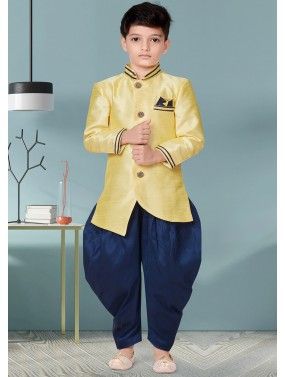 Yellow Kids Readymade Asymmetric Sherwani Set