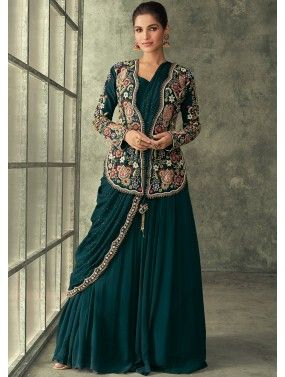 Teal Green Jacket Style Gown In Georgette