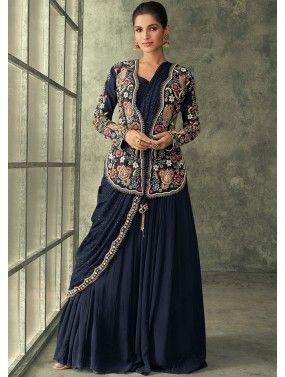 Navy Blue Embroidered Gown & Jacket