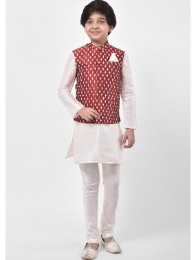Readymade White Kids Kurta Pajama With Nehru Jacket