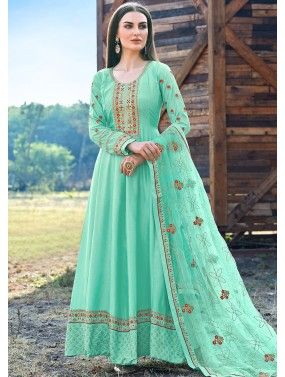 Turquoise Embroidered Anarkali Suit With Dupatta