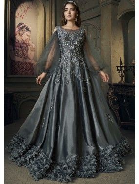 Black Organza Readymade Gown In Sequins Embellishment
