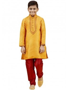 Orange Kids Thread Embroidered Kurta Pajama Set